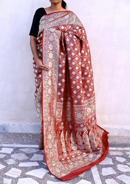 Indian Antique Vintage Heavy Sari Maroon Pure Silk Hand Woven Banarasi Sarees Zari 5Yd Pre-owned Designing