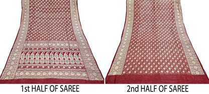 Indian Antique Vintage Heavy Sari Maroon Pure Silk Hand Woven Banarasi Sarees Zari 5Yd Pre-owned Designing