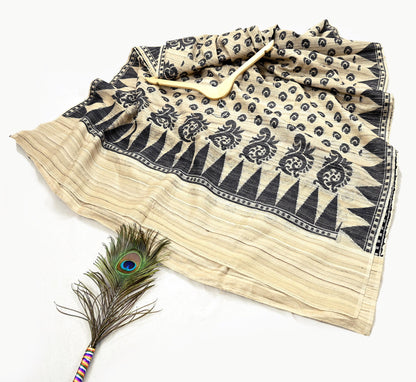 Indian Vintage Beige Saree Pure Khadi Silk Handloom Embroidered  Sari Craft Fabric 5yd Ethnic Wear Border Dress making Upcycle with Blouse