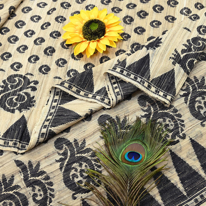 Indian Vintage Beige Saree Pure Khadi Silk Handloom Embroidered  Sari Craft Fabric 5yd Ethnic Wear Border Dress making Upcycle with Blouse