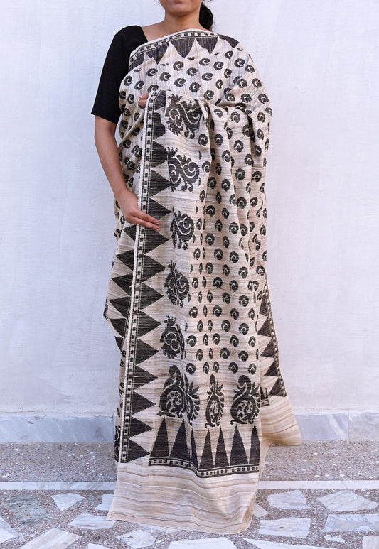 Indian Vintage Beige Saree Pure Khadi Silk Handloom Embroidered  Sari Craft Fabric 5yd Ethnic Wear Border Dress making Upcycle with Blouse