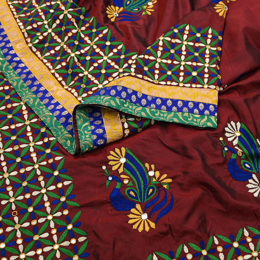 Indian Vintage Heavy Sarees Maroon Pure Silk Hand Embroidered Kutch work Sari Fabric 5Yd Sewing Ethnic Zardozi/dabka zari Wedding sarees