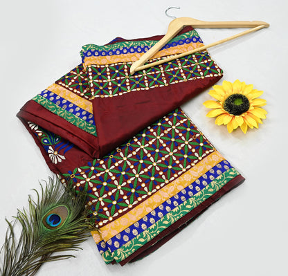 Indian Vintage Heavy Sarees Maroon Pure Silk Hand Embroidered Kutch work Sari Fabric 5Yd Sewing Ethnic Zardozi/dabka zari Wedding sarees