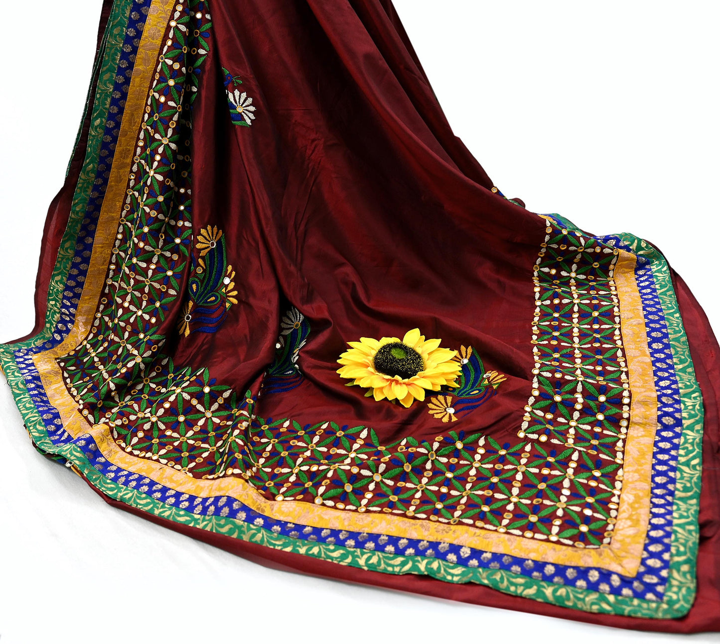 Indian Vintage Heavy Sarees Maroon Pure Silk Hand Embroidered Kutch work Sari Fabric 5Yd Sewing Ethnic Zardozi/dabka zari Wedding sarees