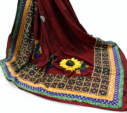 Indian Vintage Heavy Sarees Maroon Pure Silk Hand Embroidered Kutch work Sari Fabric 5Yd Sewing Ethnic Zardozi/dabka zari Wedding sarees