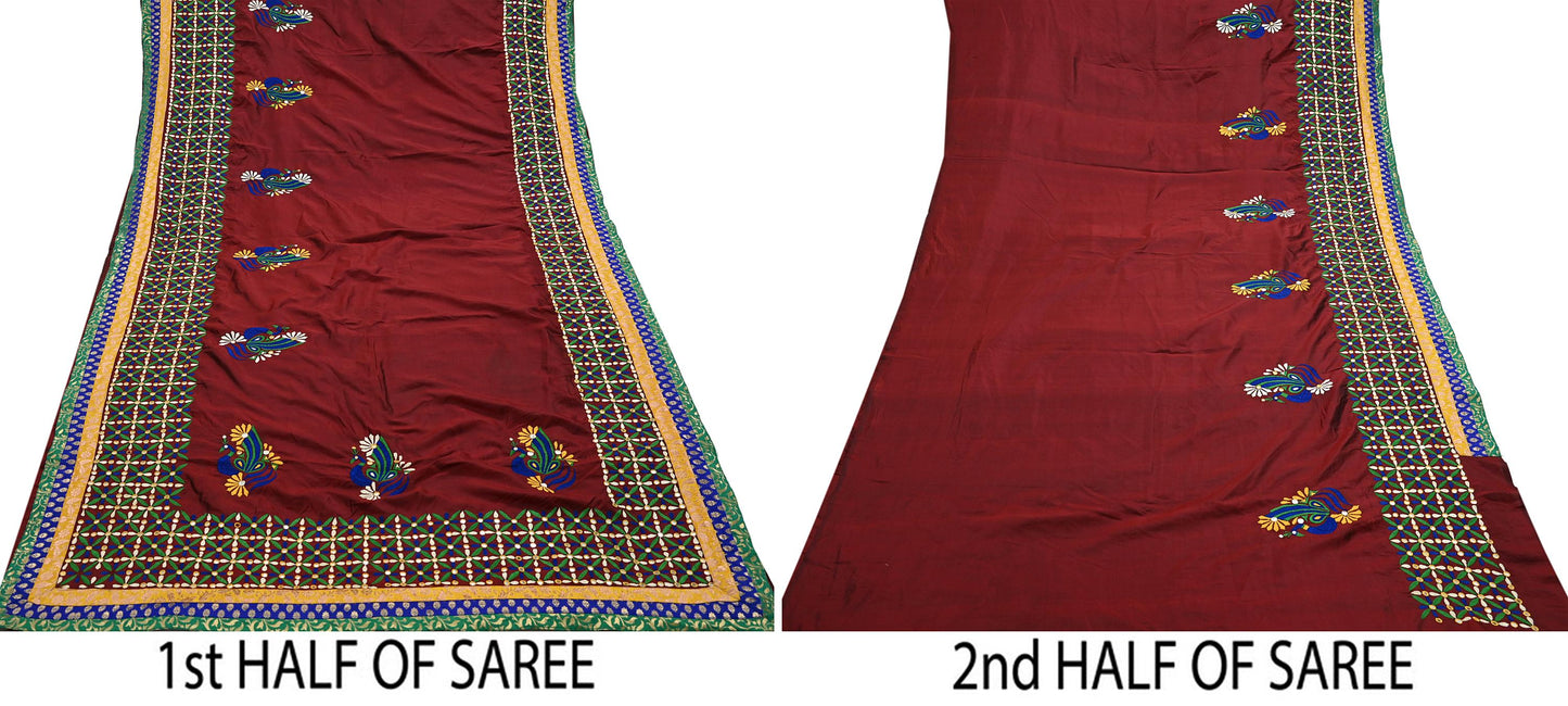 Indian Vintage Heavy Sarees Maroon Pure Silk Hand Embroidered Kutch work Sari Fabric 5Yd Sewing Ethnic Zardozi/dabka zari Wedding sarees
