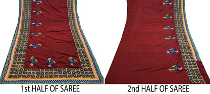Indian Vintage Heavy Sarees Maroon Pure Silk Hand Embroidered Kutch work Sari Fabric 5Yd Sewing Ethnic Zardozi/dabka zari Wedding sarees
