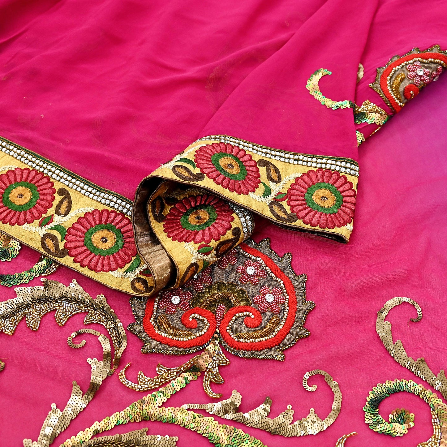 Indian Pre-Owned Sari Pink & Purple net,Pure Georgette Silk Hand Embroidered Designer Manish Malhotra Sarees Ethnic Dabka Zari Wedding Saree