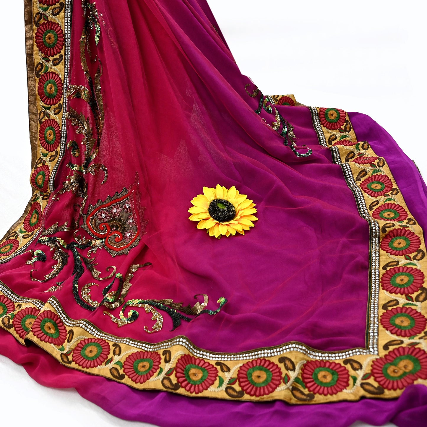 Indian Pre-Owned Sari Pink & Purple net,Pure Georgette Silk Hand Embroidered Designer Manish Malhotra Sarees Ethnic Dabka Zari Wedding Saree