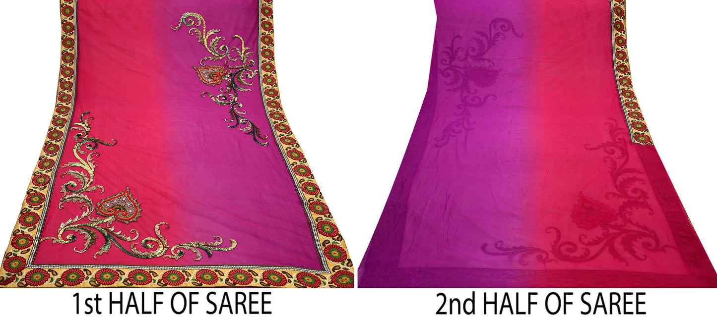 Indian Pre-Owned Sari Pink & Purple net,Pure Georgette Silk Hand Embroidered Designer Manish Malhotra Sarees Ethnic Dabka Zari Wedding Saree