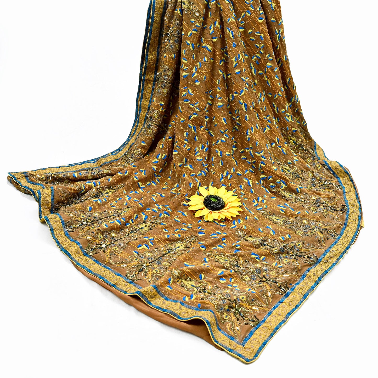 Indian Pre-owned Heavy Sari Brown Pure Georgette Silk Hand Embroidered Kantha Sarees Designer Abu Jani 6Yd Sewing Ethnic Sarees