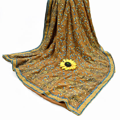 Indian Pre-owned Heavy Sari Brown Pure Georgette Silk Hand Embroidered Kantha Sarees Designer Abu Jani 6Yd Sewing Ethnic Sarees