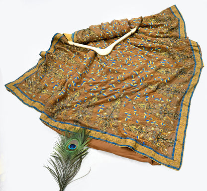 Indian Pre-owned Heavy Sari Brown Pure Georgette Silk Hand Embroidered Kantha Sarees Designer Abu Jani 6Yd Sewing Ethnic Sarees