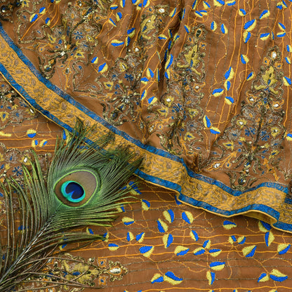 Indian Pre-owned Heavy Sari Brown Pure Georgette Silk Hand Embroidered Kantha Sarees Designer Abu Jani 6Yd Sewing Ethnic Sarees