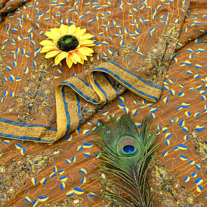 Indian Pre-owned Heavy Sari Brown Pure Georgette Silk Hand Embroidered Kantha Sarees Designer Abu Jani 6Yd Sewing Ethnic Sarees