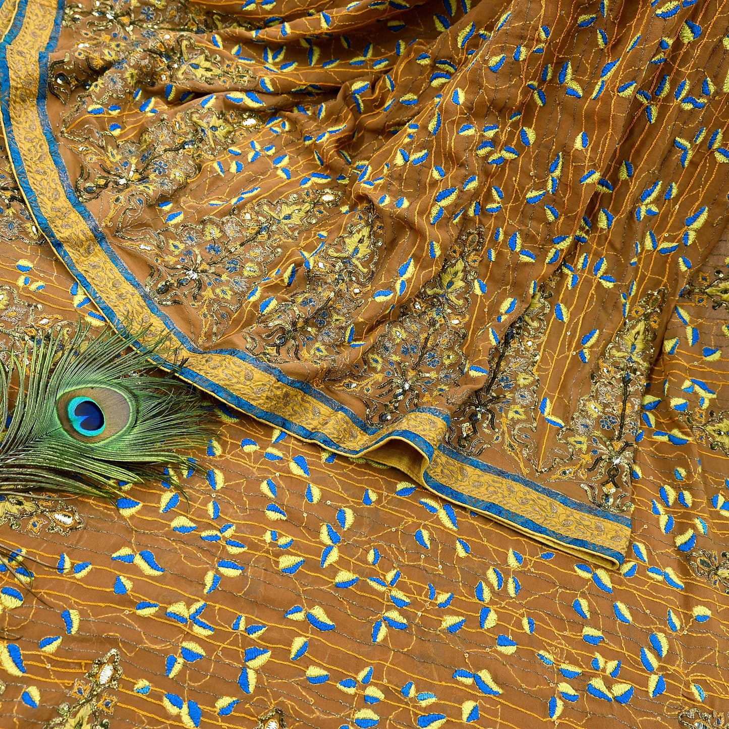 Indian Pre-owned Heavy Sari Brown Pure Georgette Silk Hand Embroidered Kantha Sarees Designer Abu Jani 6Yd Sewing Ethnic Sarees