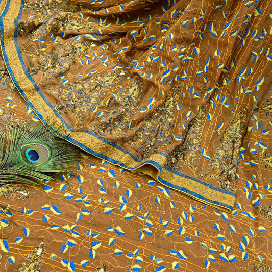 Indian Pre-owned Heavy Sari Brown Pure Georgette Silk Hand Embroidered Kantha Sarees Designer Abu Jani 6Yd Sewing Ethnic Sarees