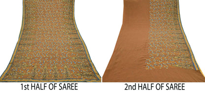 Indian Pre-owned Heavy Sari Brown Pure Georgette Silk Hand Embroidered Kantha Sarees Designer Abu Jani 6Yd Sewing Ethnic Sarees
