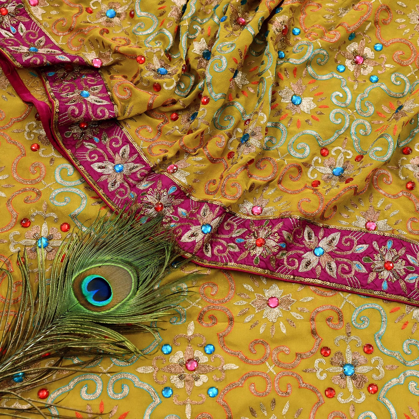 Indian Heavy Sari Mustard Pure Georgette Silk Hand Embroidered Sarees Designer Manish Malhotra 6Yd Sewing Ethnic Bollywood party wear saree