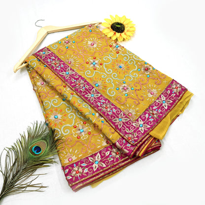 Indian Heavy Sari Mustard Pure Georgette Silk Hand Embroidered Sarees Designer Manish Malhotra 6Yd Sewing Ethnic Bollywood party wear saree
