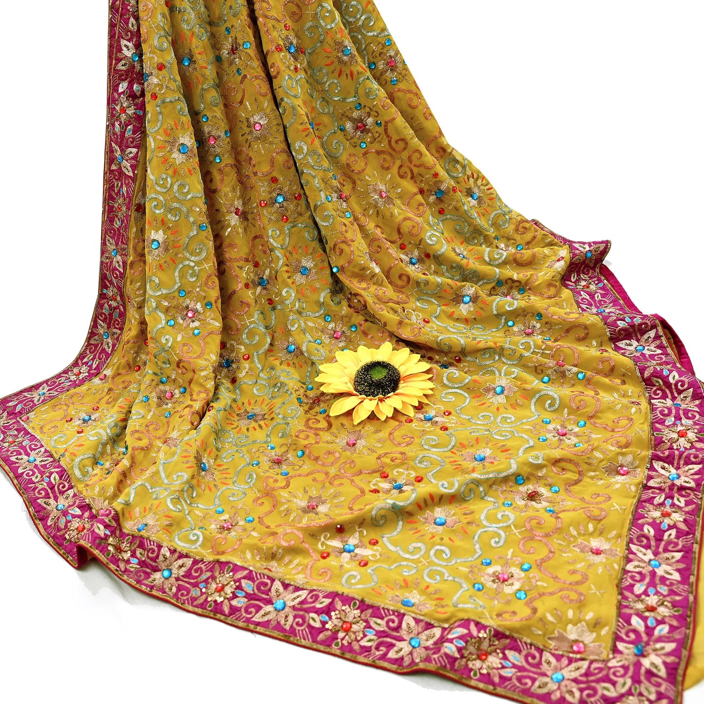 Indian Heavy Sari Mustard Pure Georgette Silk Hand Embroidered Sarees Designer Manish Malhotra 6Yd Sewing Ethnic Bollywood party wear saree