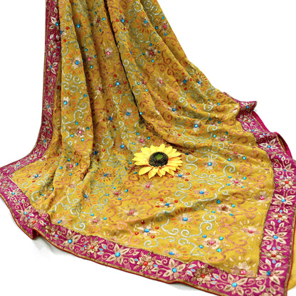 Indian Heavy Sari Mustard Pure Georgette Silk Hand Embroidered Sarees Designer Manish Malhotra 6Yd Sewing Ethnic Bollywood party wear saree