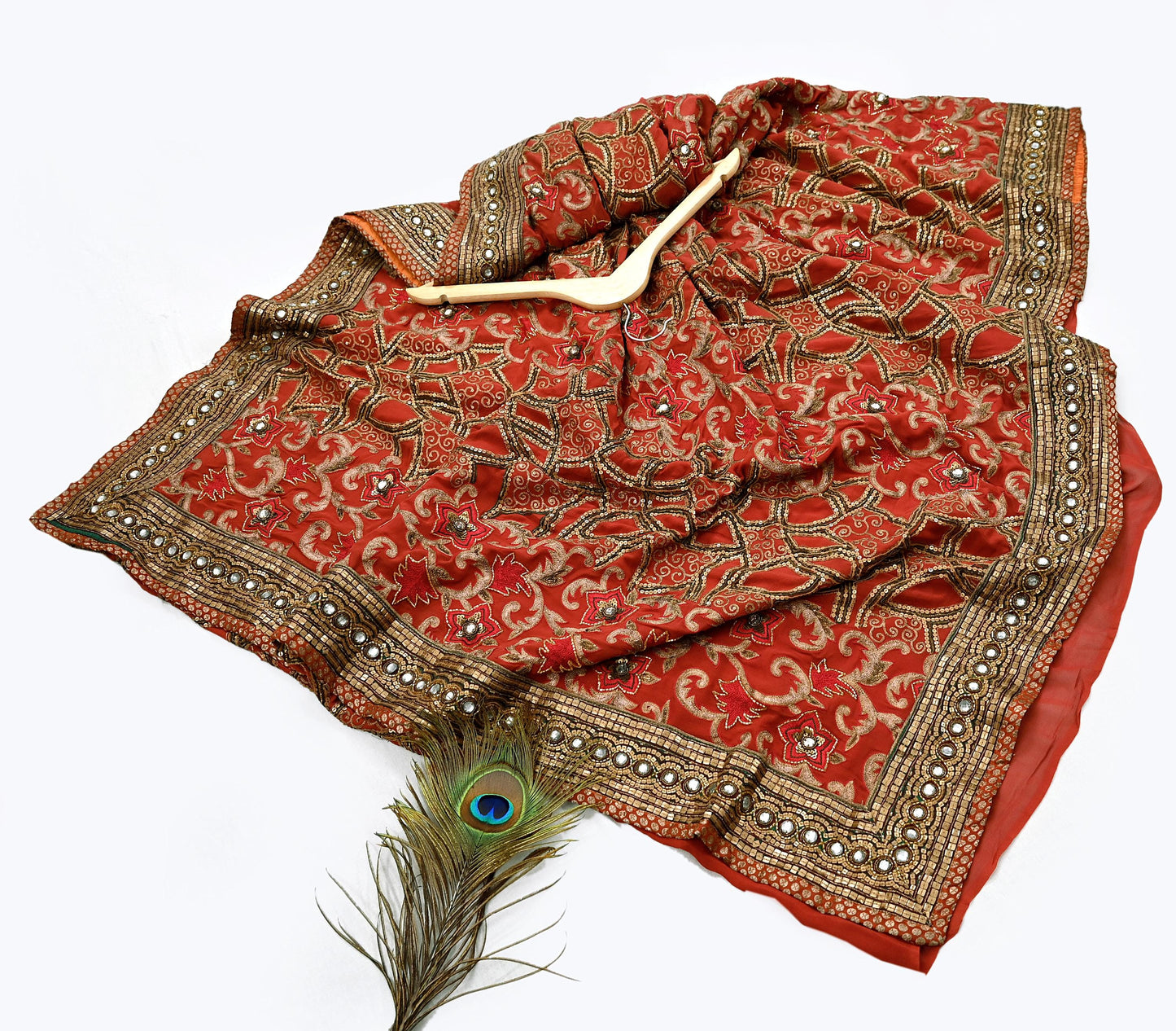 Indian Pre-owned Sari Rusty Red Pure Georgette Silk Hand Embroidered Anamika Khanna Designer Sarees Ethnic 6Yd Sewing  Wedding Sarees