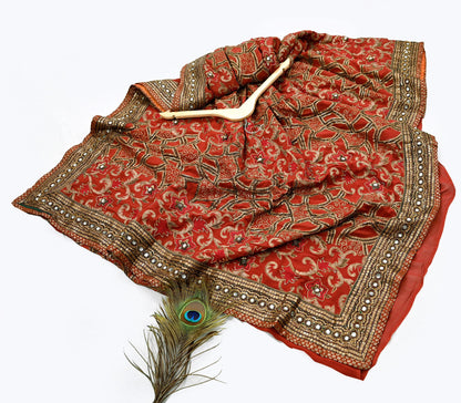 Indian Pre-owned Sari Rusty Red Pure Georgette Silk Hand Embroidered Anamika Khanna Designer Sarees Ethnic 6Yd Sewing  Wedding Sarees