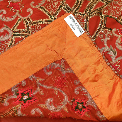 Indian Pre-owned Sari Rusty Red Pure Georgette Silk Hand Embroidered Anamika Khanna Designer Sarees Ethnic 6Yd Sewing  Wedding Sarees