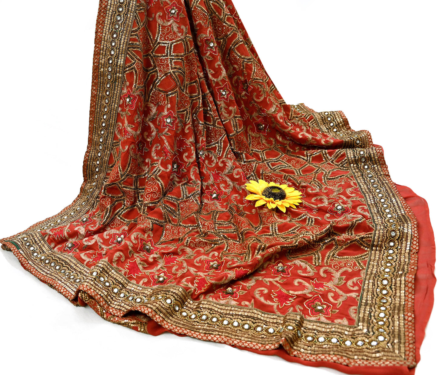 Indian Pre-owned Sari Rusty Red Pure Georgette Silk Hand Embroidered Anamika Khanna Designer Sarees Ethnic 6Yd Sewing  Wedding Sarees