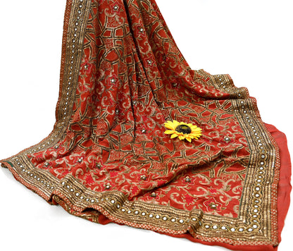 Indian Pre-owned Sari Rusty Red Pure Georgette Silk Hand Embroidered Anamika Khanna Designer Sarees Ethnic 6Yd Sewing  Wedding Sarees
