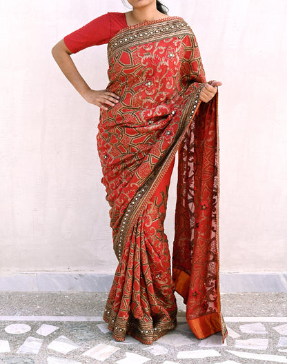 Indian Pre-owned Sari Rusty Red Pure Georgette Silk Hand Embroidered Anamika Khanna Designer Sarees Ethnic 6Yd Sewing  Wedding Sarees