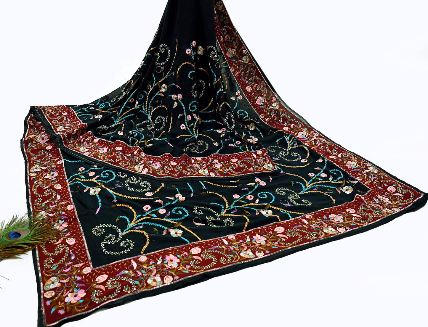 Indian Pre-owned Heavy Sari Black Pure Georgette Silk Hand Embroidered Sarees Designer Abu Jani 5Yd Sewing Ethnic Bollywood Designer Sarees