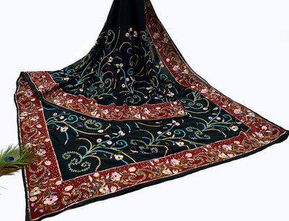 Indian Pre-owned Heavy Sari Black Pure Georgette Silk Hand Embroidered Sarees Designer Abu Jani 5Yd Sewing Ethnic Bollywood Designer Sarees