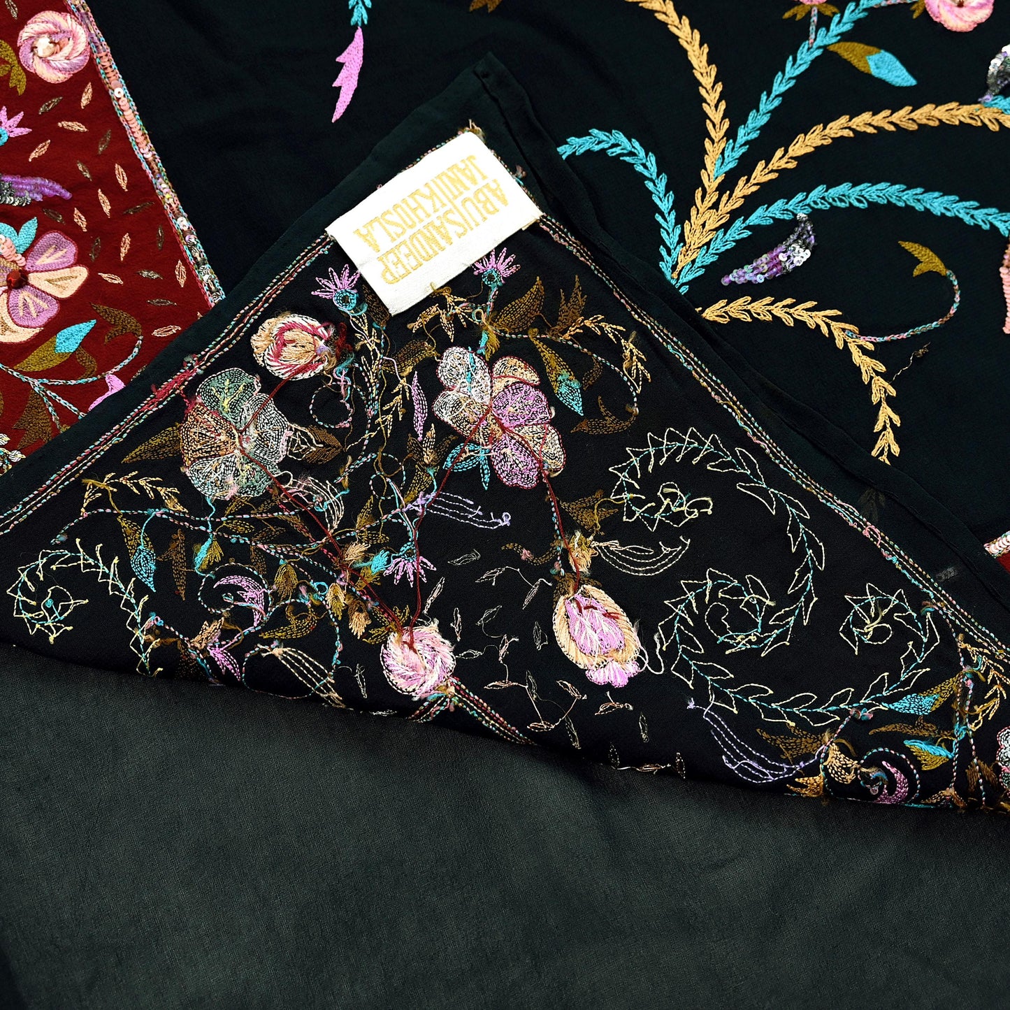 Indian Pre-owned Heavy Sari Black Pure Georgette Silk Hand Embroidered Sarees Designer Abu Jani 5Yd Sewing Ethnic Bollywood Designer Sarees