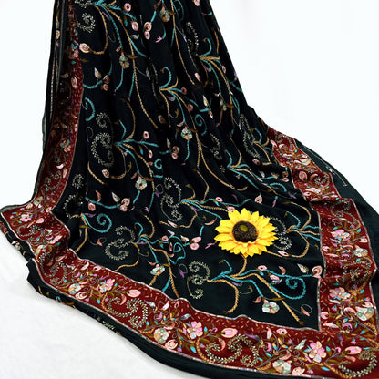 Indian Pre-owned Heavy Sari Black Pure Georgette Silk Hand Embroidered Sarees Designer Abu Jani 5Yd Sewing Ethnic Bollywood Designer Sarees