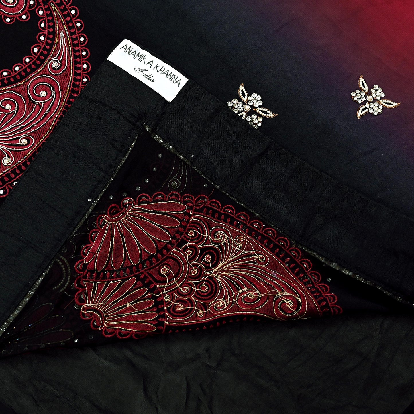 Indian Pre-owned Sari Red & Black Pure Georgette Silk Hand Embroidered Anamika Khanna Designer Sarees Ethnic 6Yd Sewing  Wedding Sarees