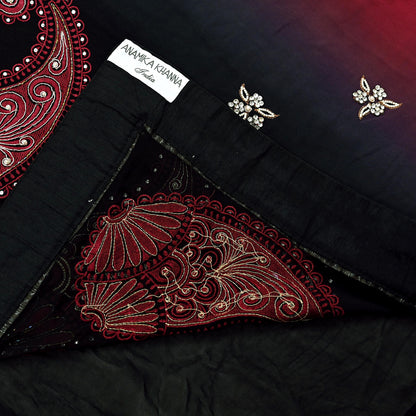 Indian Pre-owned Sari Red & Black Pure Georgette Silk Hand Embroidered Anamika Khanna Designer Sarees Ethnic 6Yd Sewing  Wedding Sarees
