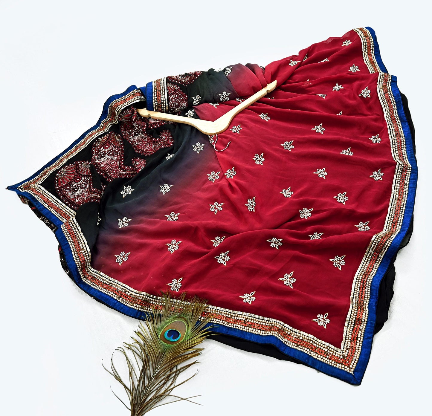 Indian Pre-owned Sari Red & Black Pure Georgette Silk Hand Embroidered Anamika Khanna Designer Sarees Ethnic 6Yd Sewing  Wedding Sarees