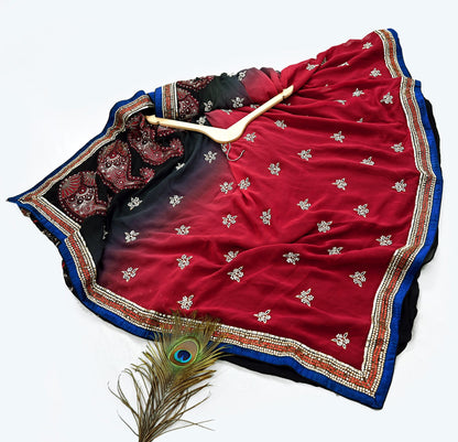 Indian Pre-owned Sari Red & Black Pure Georgette Silk Hand Embroidered Anamika Khanna Designer Sarees Ethnic 6Yd Sewing  Wedding Sarees