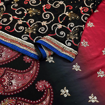 Indian Pre-owned Sari Red & Black Pure Georgette Silk Hand Embroidered Anamika Khanna Designer Sarees Ethnic 6Yd Sewing  Wedding Sarees