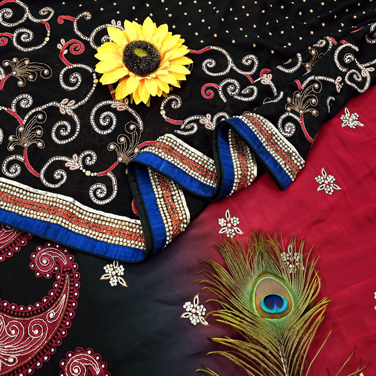 Indian Pre-owned Sari Red & Black Pure Georgette Silk Hand Embroidered Anamika Khanna Designer Sarees Ethnic 6Yd Sewing  Wedding Sarees