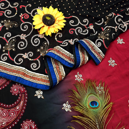 Indian Pre-owned Sari Red & Black Pure Georgette Silk Hand Embroidered Anamika Khanna Designer Sarees Ethnic 6Yd Sewing  Wedding Sarees