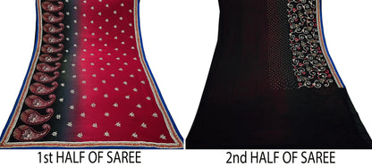 Indian Pre-owned Sari Red & Black Pure Georgette Silk Hand Embroidered Anamika Khanna Designer Sarees Ethnic 6Yd Sewing  Wedding Sarees