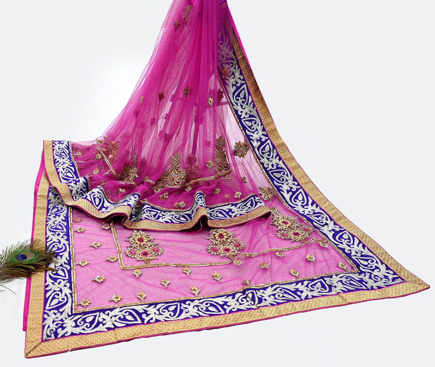 Indian Pre-owned Sari Purple Net/Mesh Hand Embroidered Anamika Khanna Designer Sarees Ethnic 6Yd Sewing  Zardozi/Dabka Zari Wedding Sarees