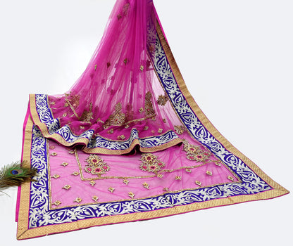 Indian Pre-owned Sari Purple Net/Mesh Hand Embroidered Anamika Khanna Designer Sarees Ethnic 6Yd Sewing  Zardozi/Dabka Zari Wedding Sarees