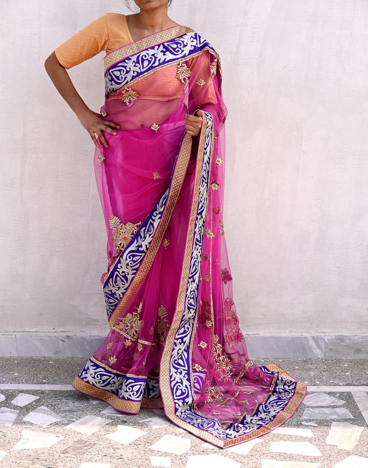 Indian Pre-owned Sari Purple Net/Mesh Hand Embroidered Anamika Khanna Designer Sarees Ethnic 6Yd Sewing  Zardozi/Dabka Zari Wedding Sarees