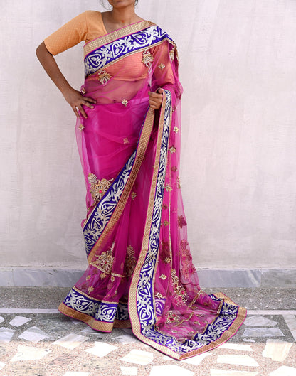 Indian Pre-owned Sari Purple Net/Mesh Hand Embroidered Anamika Khanna Designer Sarees Ethnic 6Yd Sewing  Zardozi/Dabka Zari Wedding Sarees