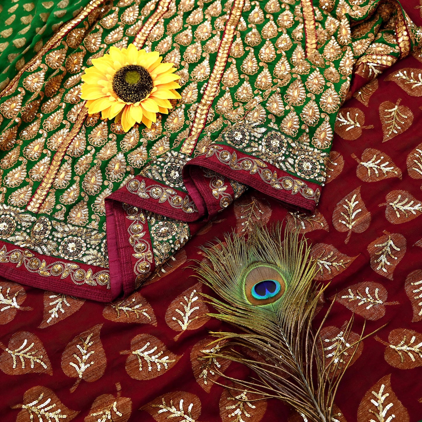 Indian Pre-Owned Sari Maroon & Green Net/Mesh Hand Embroidered Designer Sabyasachi Lehenga Sarees Ethnic Zardozi/Dabka Zari Wedding Sarees