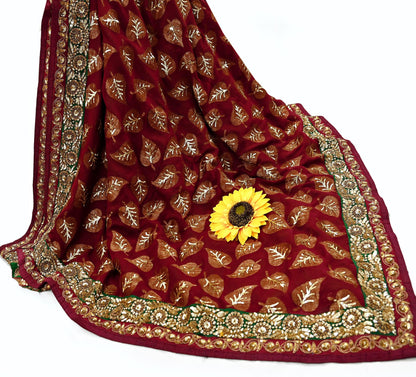 Indian Pre-Owned Sari Maroon & Green Net/Mesh Hand Embroidered Designer Sabyasachi Lehenga Sarees Ethnic Zardozi/Dabka Zari Wedding Sarees